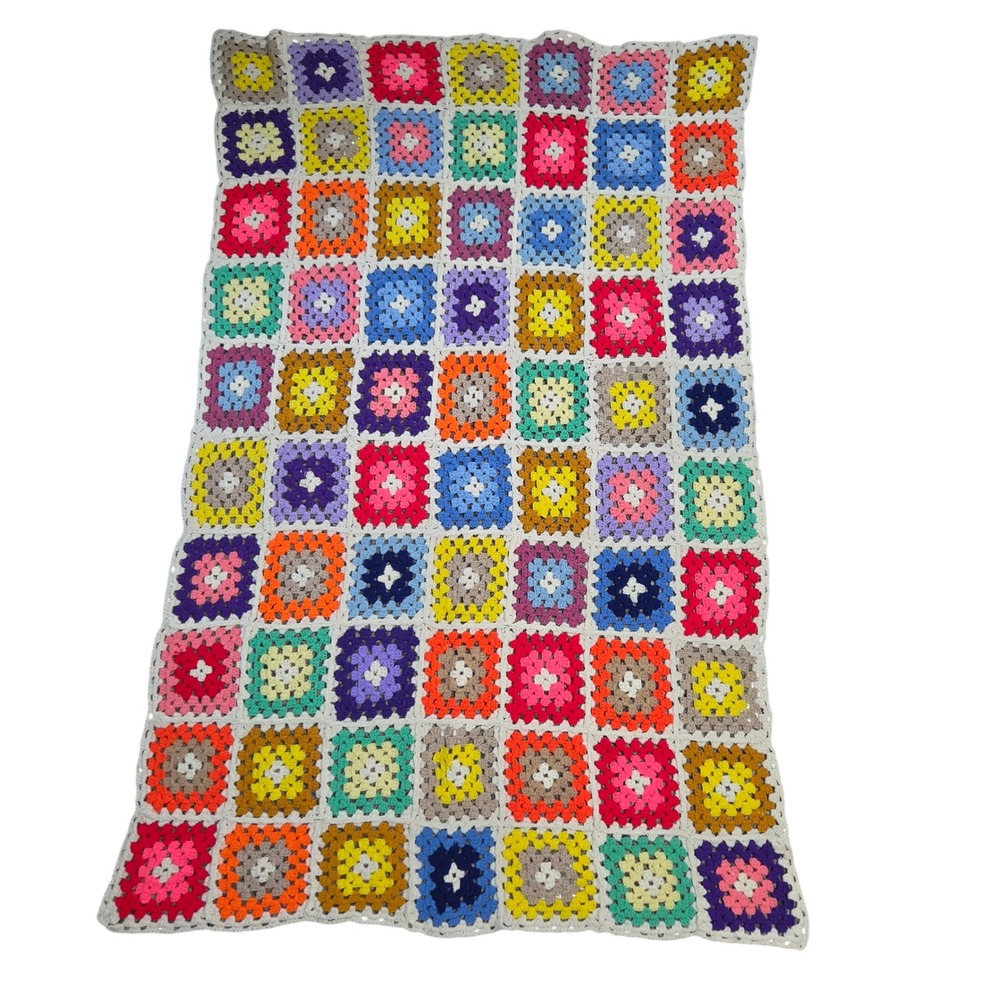 Vtg Handmade Crochet Granny Square Afghan Throw Blanket Multicolor Rainbow 72x45
